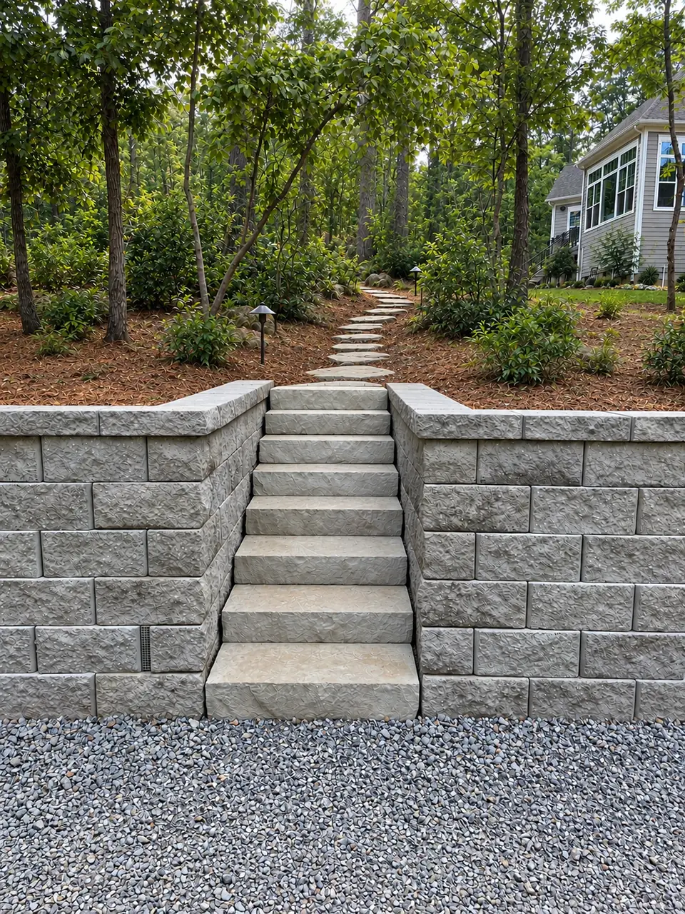 Design rendering of a block retaining wall with stone steps, planting beds, pine straw, and path lights