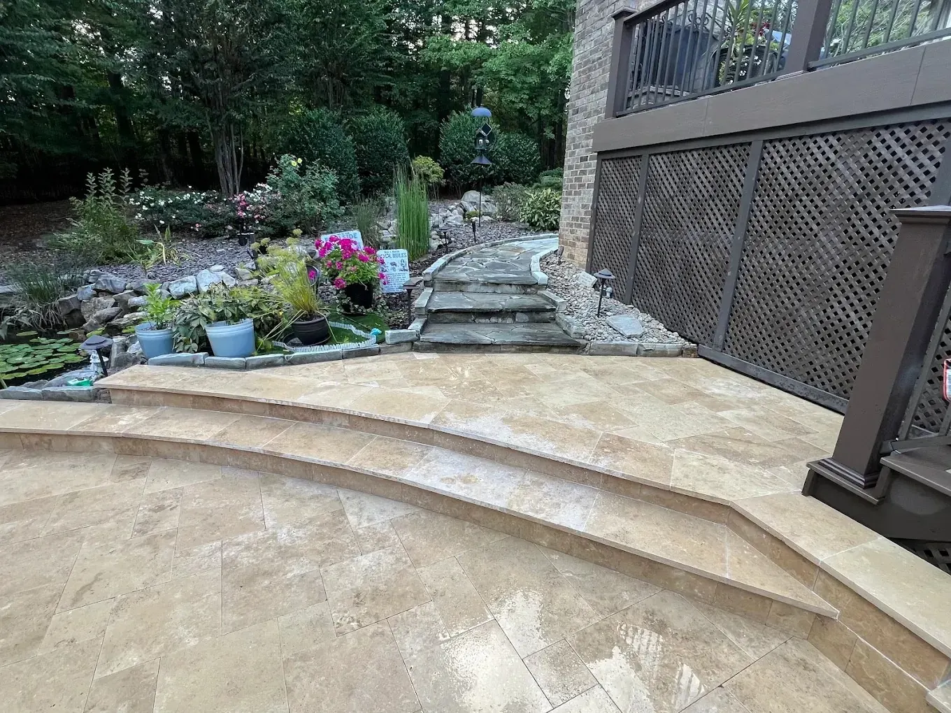 Travertine patio and water feature